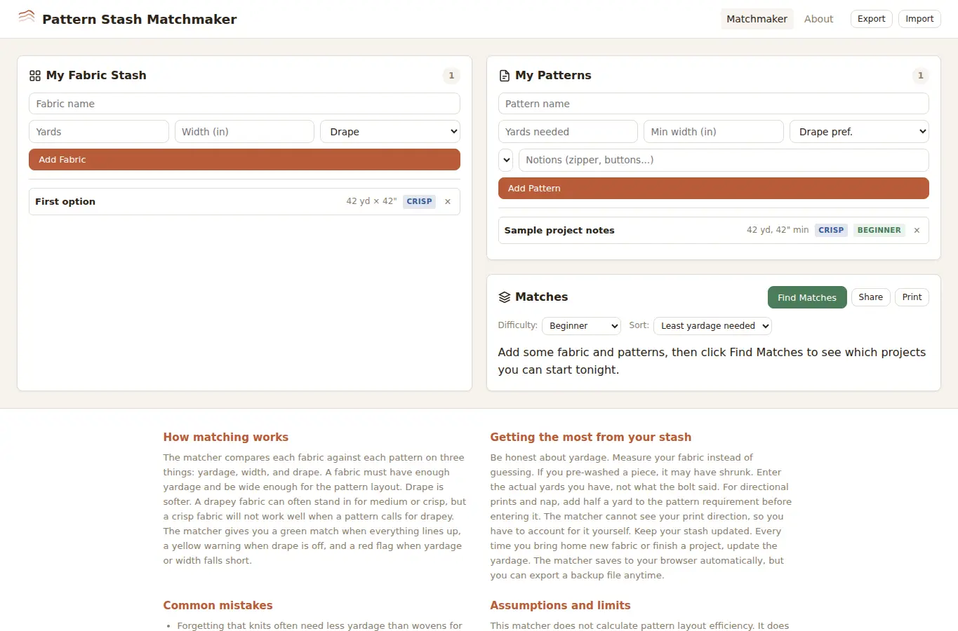Screenshot of Pattern Stash Matchmaker interface showing the project page in use